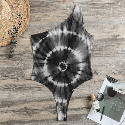 Black And White Tie Dye Print One Shoulder Bodysuit