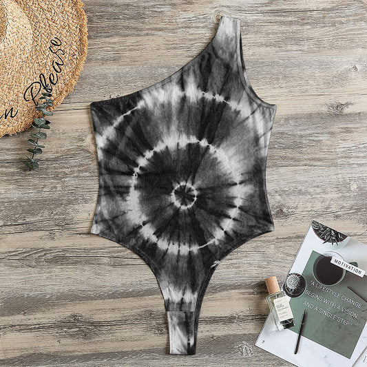 Black And White Tie Dye Print One Shoulder Bodysuit
