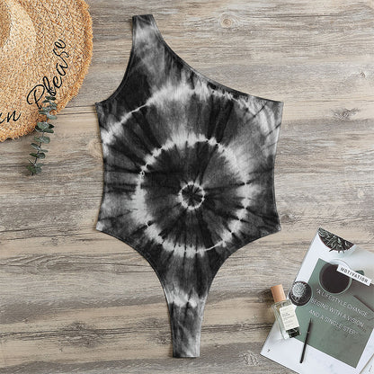 Black And White Tie Dye Print One Shoulder Bodysuit