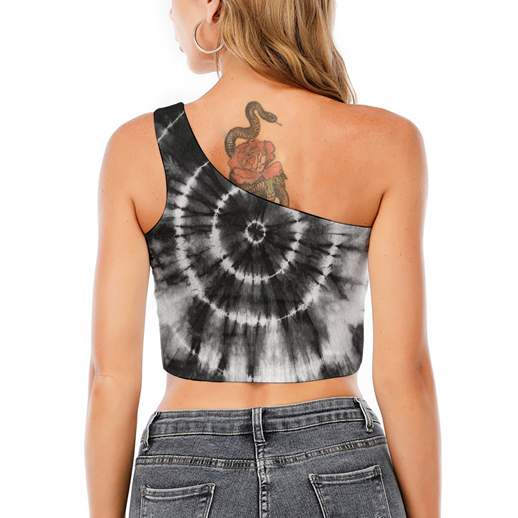 Black And White Tie Dye Print One Shoulder Crop Top
