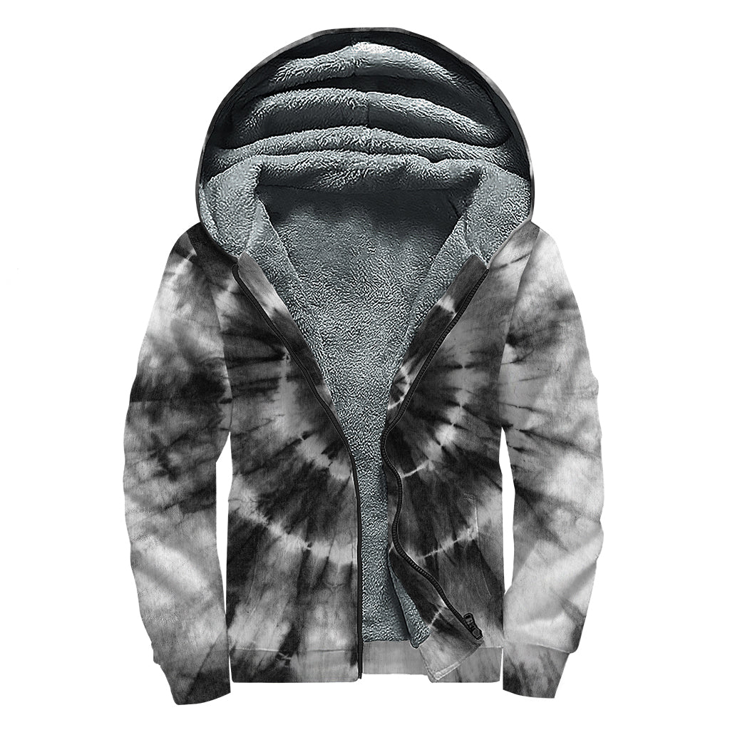 Black And White Tie Dye Print Sherpa Lined Zip Up Hoodie