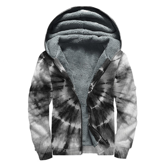 Black And White Tie Dye Print Sherpa Lined Zip Up Hoodie