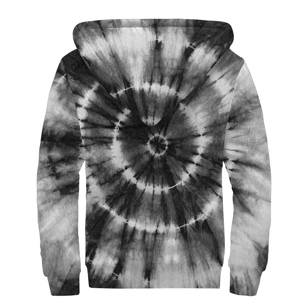 Black And White Tie Dye Print Sherpa Lined Zip Up Hoodie