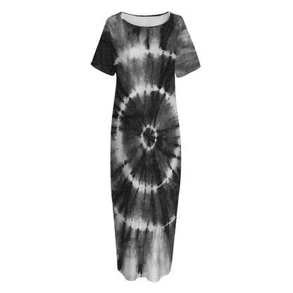 Black And White Tie Dye Print Short Sleeve Long Nightdress