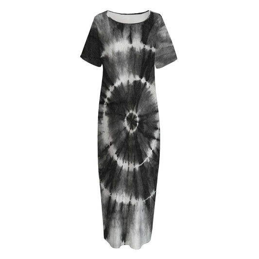Black And White Tie Dye Print Short Sleeve Long Nightdress