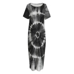 Black And White Tie Dye Print Short Sleeve Long Nightdress
