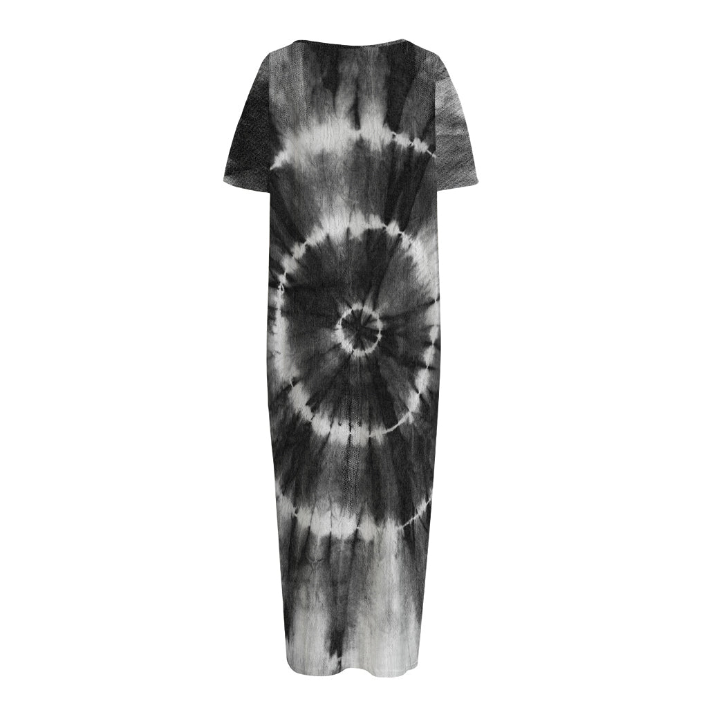 Black And White Tie Dye Print Short Sleeve Long Nightdress