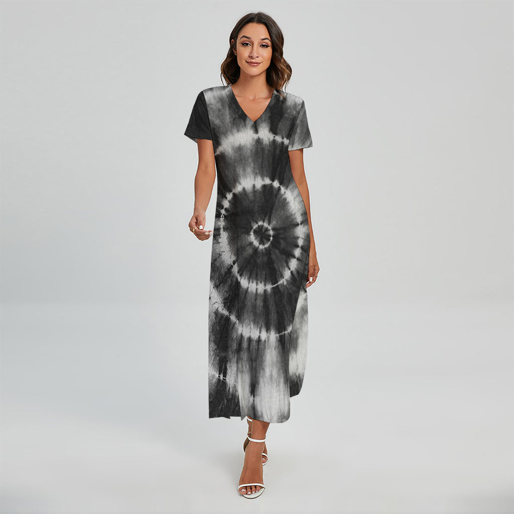 Black And White Tie Dye Print Short Sleeve Maxi Dress