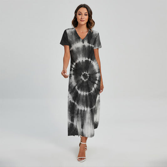 Black And White Tie Dye Print Short Sleeve Maxi Dress