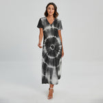 Black And White Tie Dye Print Short Sleeve Maxi Dress