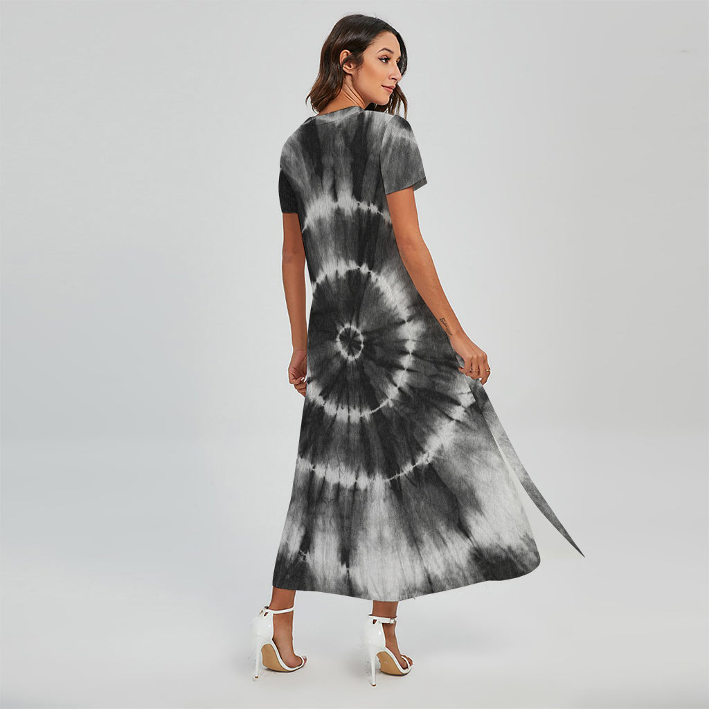 Black And White Tie Dye Print Short Sleeve Maxi Dress