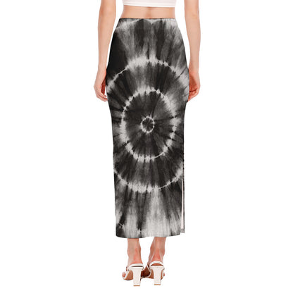 Black And White Tie Dye Print Side Slit Maxi Skirt