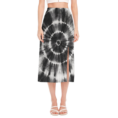 Black And White Tie Dye Print Side Slit Midi Skirt
