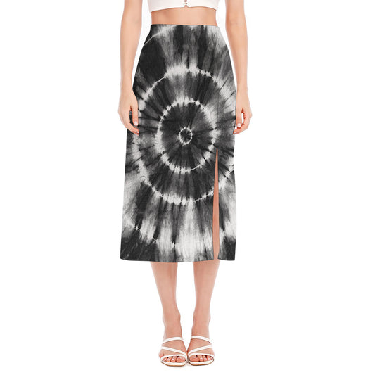 Black And White Tie Dye Print Side Slit Midi Skirt
