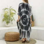 Black And White Tie Dye Print Silk V-Neck Kaftan Dress