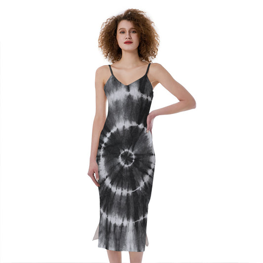 Black And White Tie Dye Print Slim Fit Midi Cami Dress