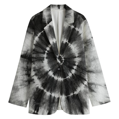 Black And White Tie Dye Print Women's Cotton Blazer