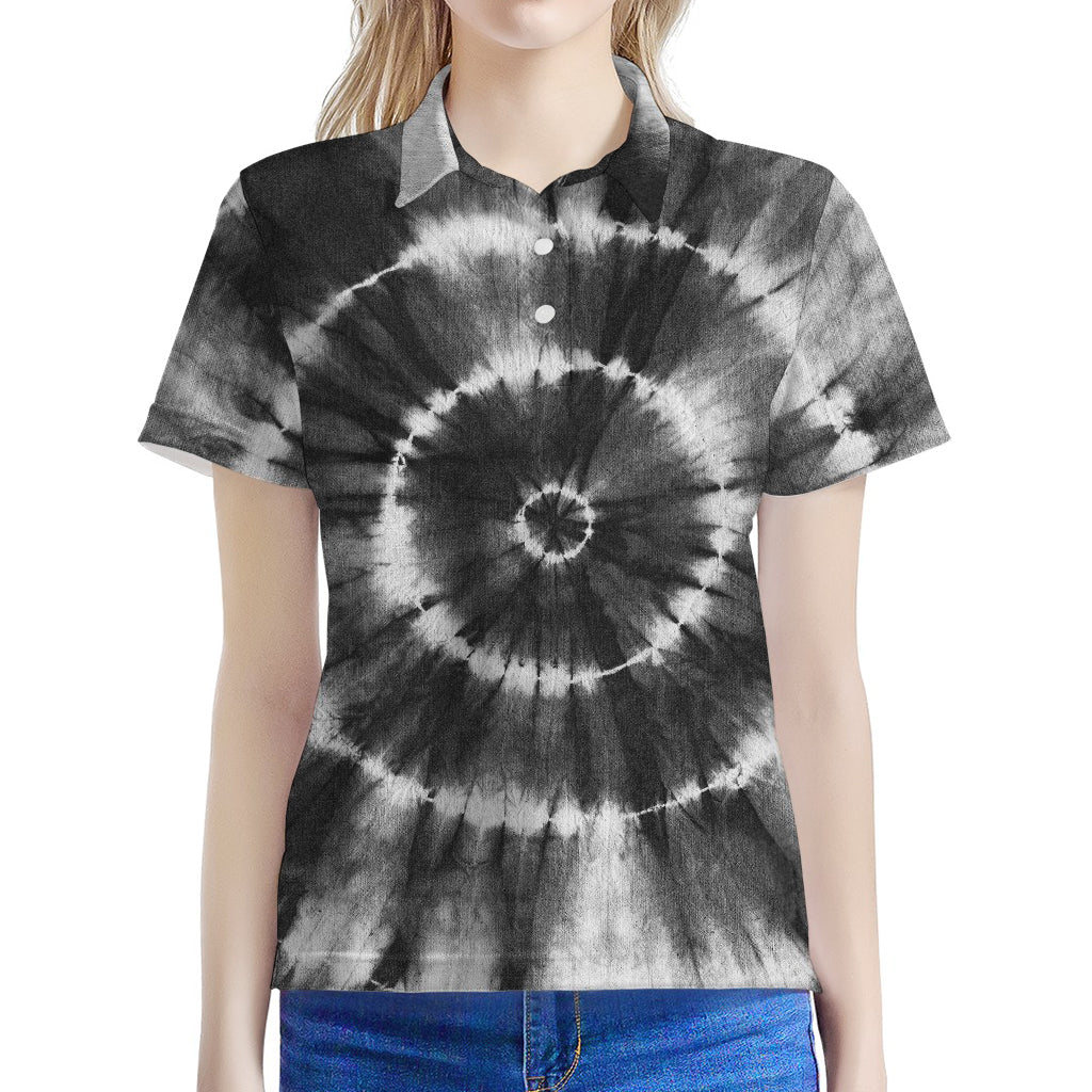Black And White Tie Dye Print Women's Polo Shirt