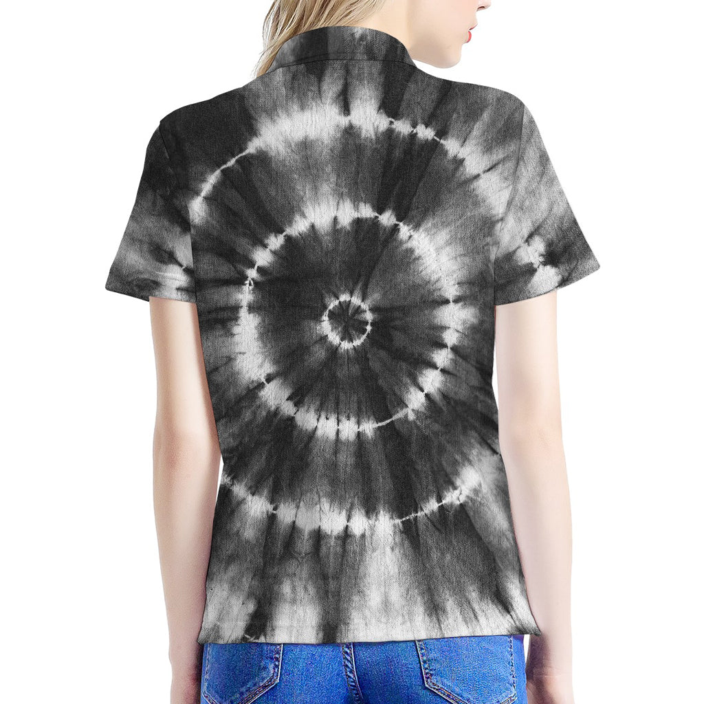 Black And White Tie Dye Print Women's Polo Shirt