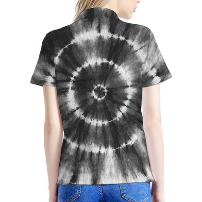 Black And White Tie Dye Print Women's Polo Shirt