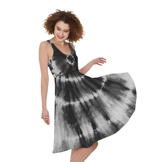 Black And White Tie Dye Print Women's Sleeveless Dress