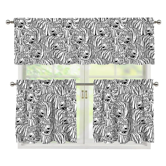 Black And White Tiger Pattern Print 3 Piece Kitchen Curtains