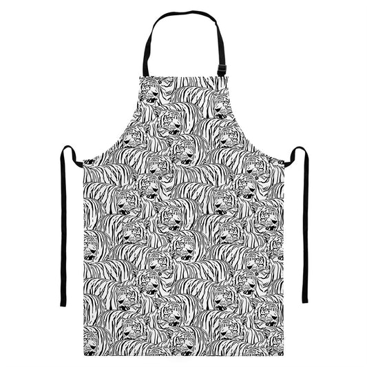 Black And White Tiger Pattern Print Bib Apron With Pocket