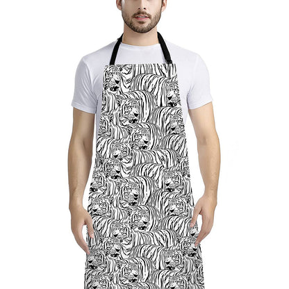 Black And White Tiger Pattern Print Bib Apron With Pocket