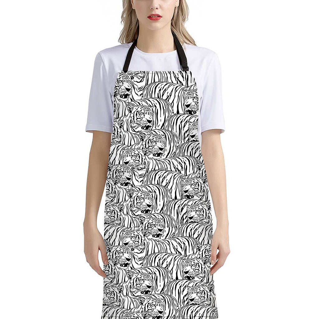 Black And White Tiger Pattern Print Bib Apron With Pocket