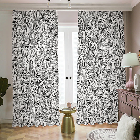 Black And White Tiger Pattern Print Blackout Pencil Pleat Curtains