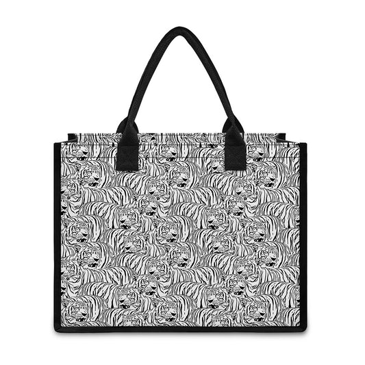 Black And White Tiger Pattern Print Canvas Tote Bag