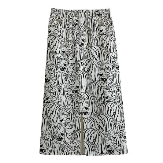Black And White Tiger Pattern Print Cotton Front Slit Maxi Skirt