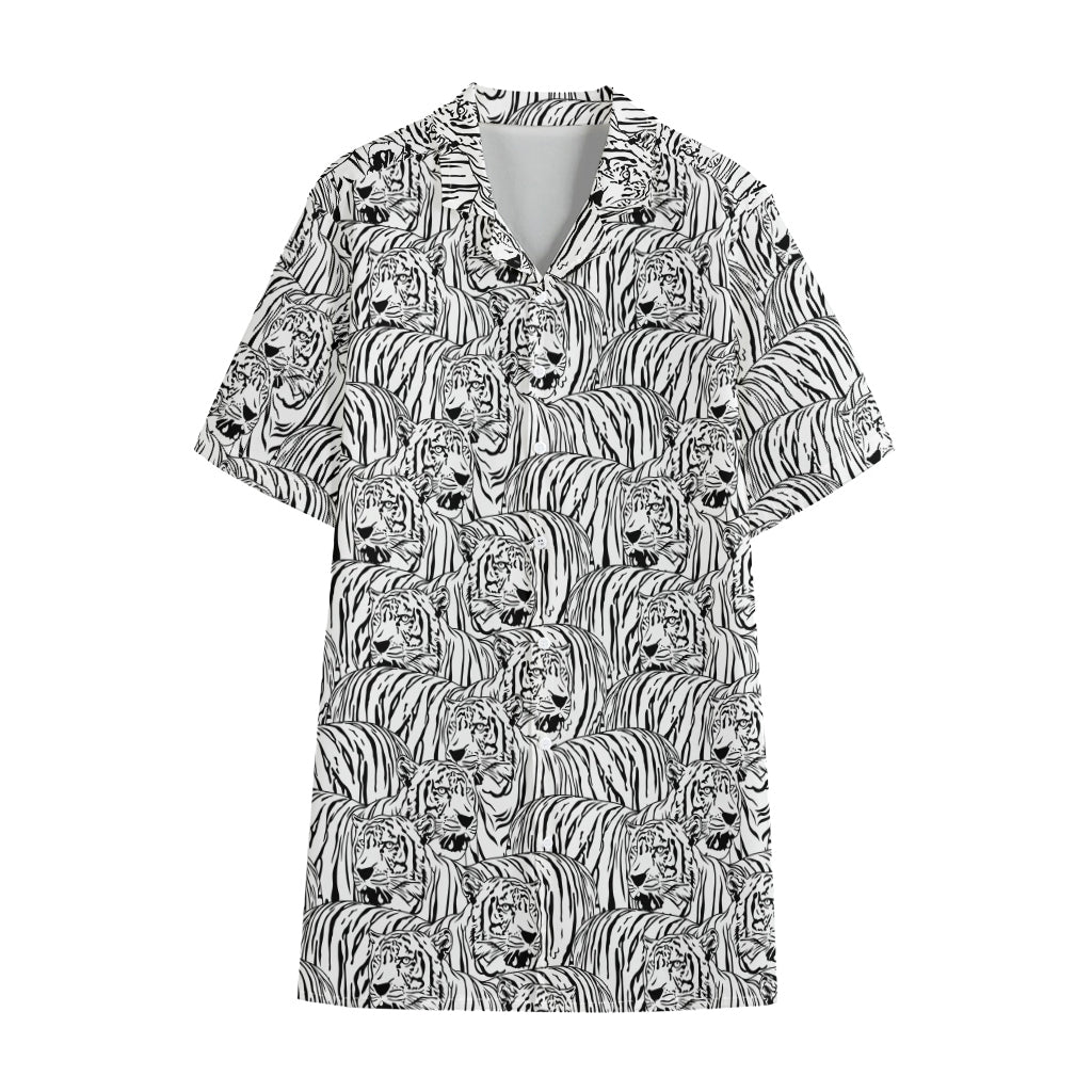 Black And White Tiger Pattern Print Cotton Hawaiian Shirt