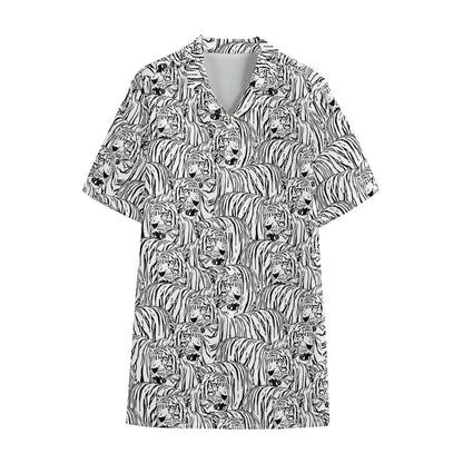 Black And White Tiger Pattern Print Cotton Hawaiian Shirt