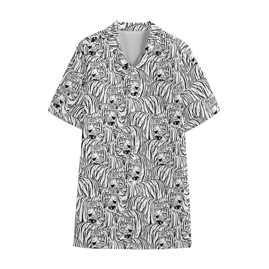 Black And White Tiger Pattern Print Cotton Hawaiian Shirt
