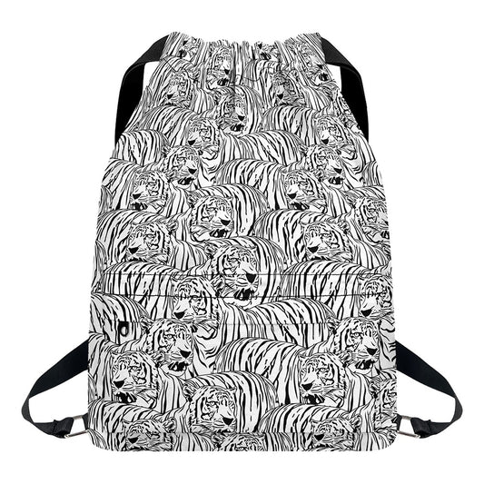 Black And White Tiger Pattern Print Drawstring Backpack