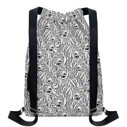 Black And White Tiger Pattern Print Drawstring Backpack