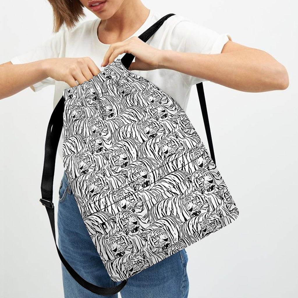 Black And White Tiger Pattern Print Drawstring Backpack