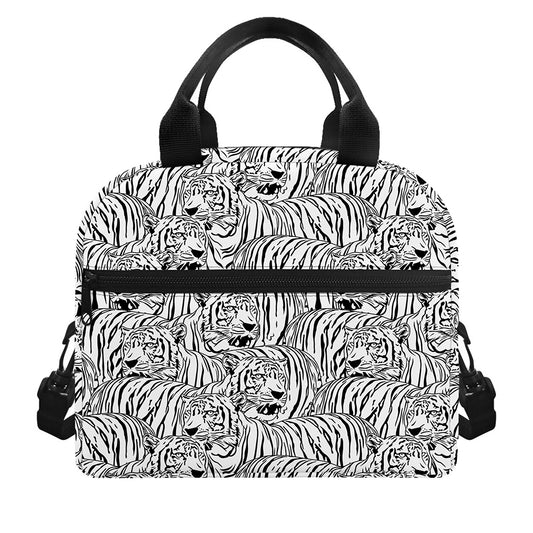 Black And White Tiger Pattern Print Insulated Lunch Bag