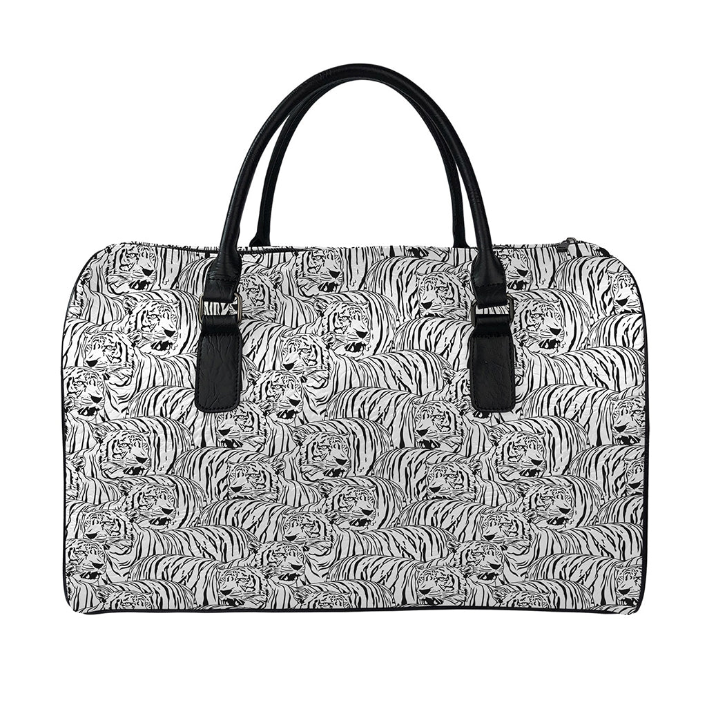 Black And White Tiger Pattern Print Leather Duffle Bag