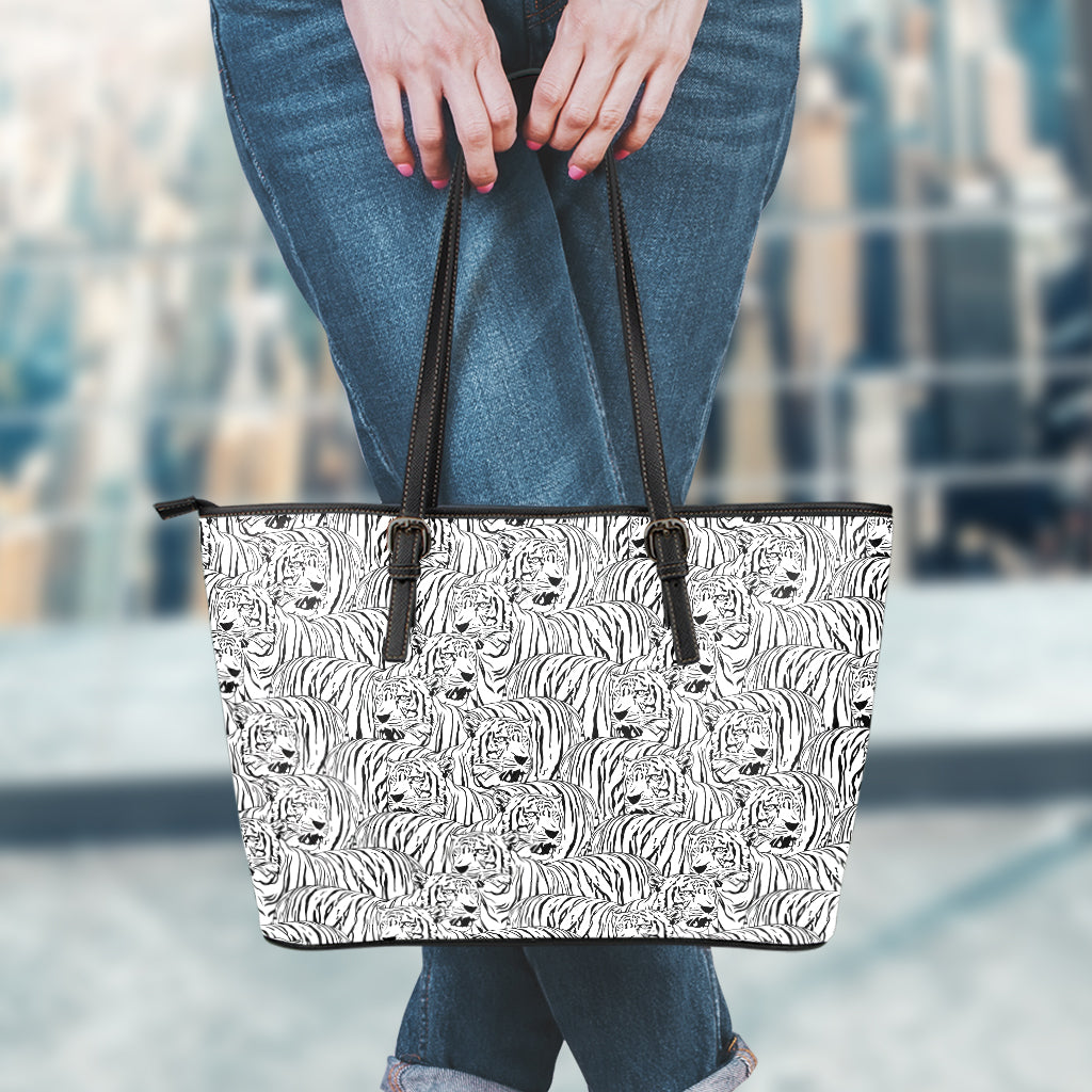 Black And White Tiger Pattern Print Leather Tote Bag