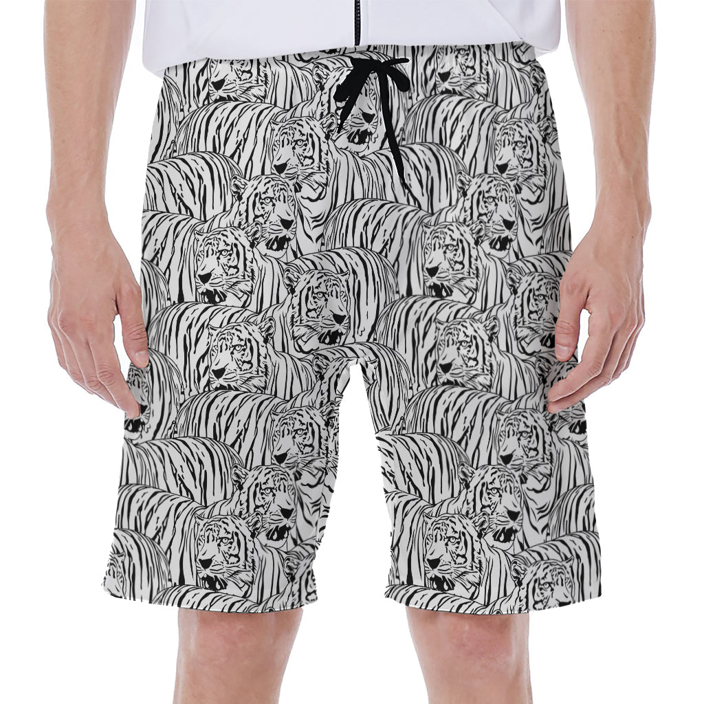 Black And White Tiger Pattern Print Men's Beach Shorts