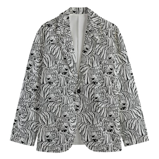 Black And White Tiger Pattern Print Men's Blazer