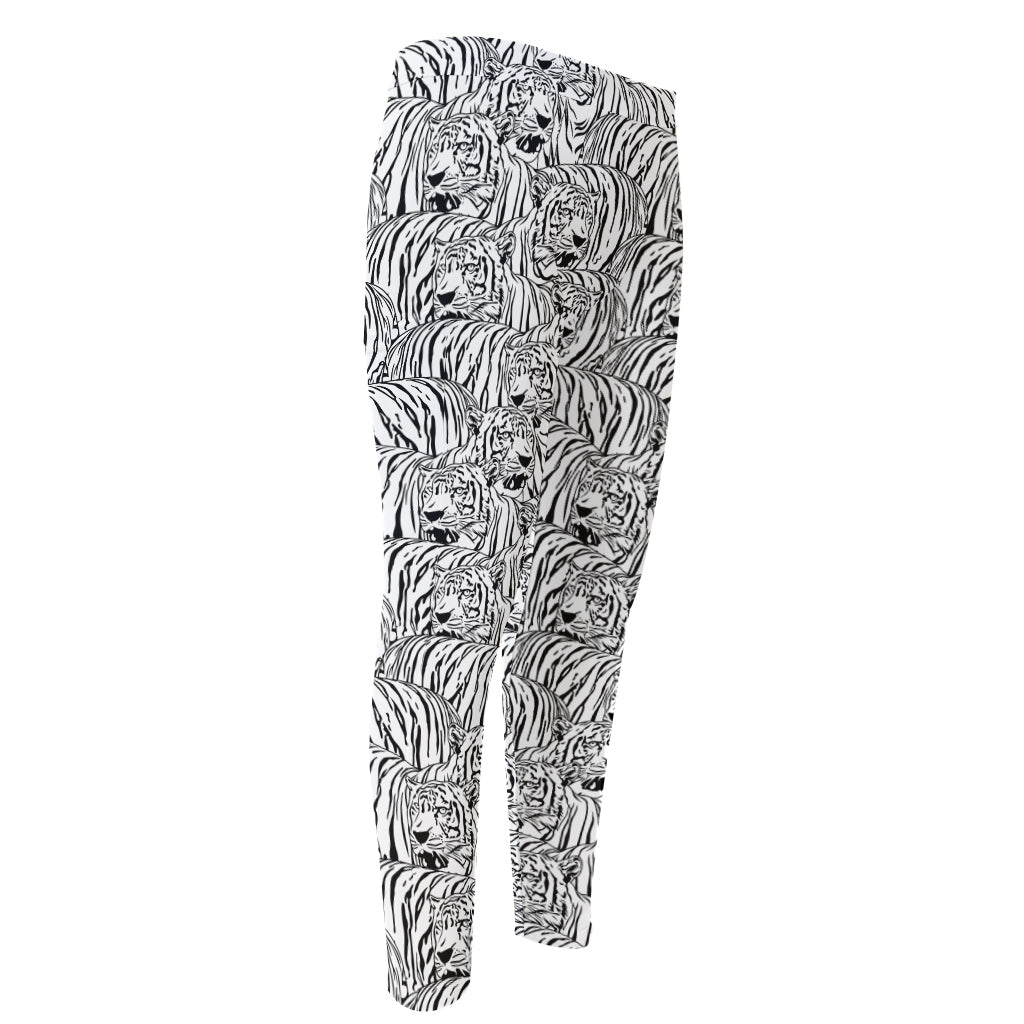 Black And White Tiger Pattern Print Men's Compression Pants