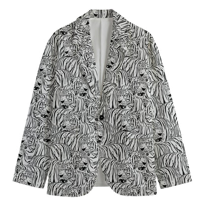 Black And White Tiger Pattern Print Men's Cotton Blazer