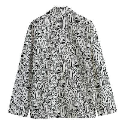 Black And White Tiger Pattern Print Men's Cotton Blazer