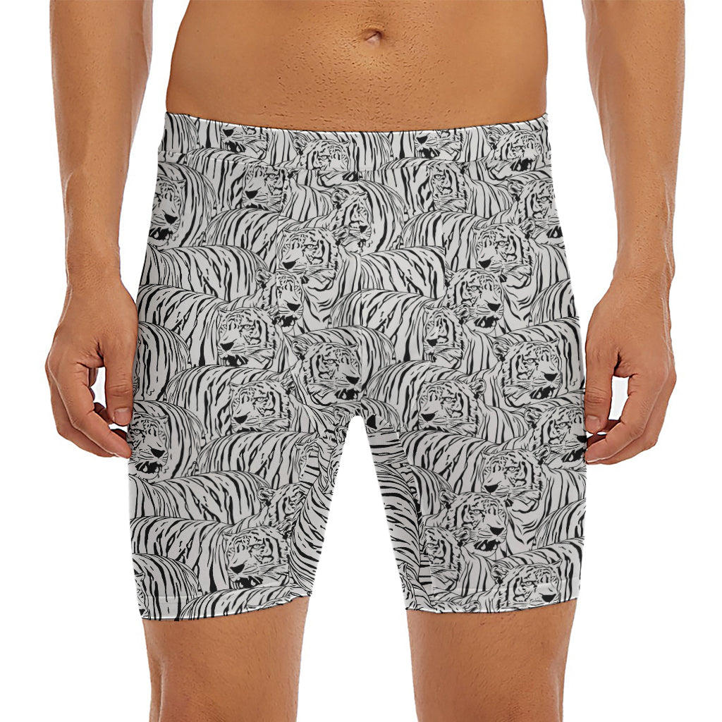 Black And White Tiger Pattern Print Men's Long Boxer Briefs