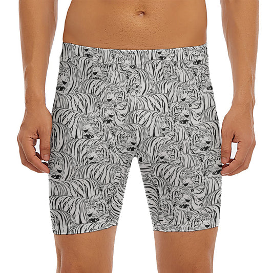 Black And White Tiger Pattern Print Men's Long Boxer Briefs