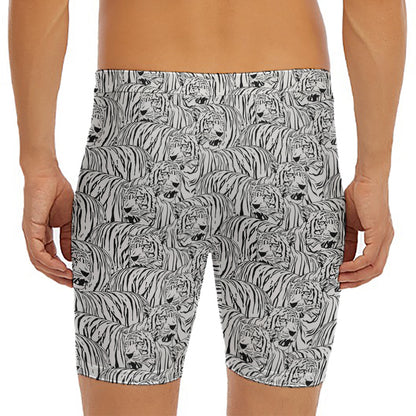 Black And White Tiger Pattern Print Men's Long Boxer Briefs