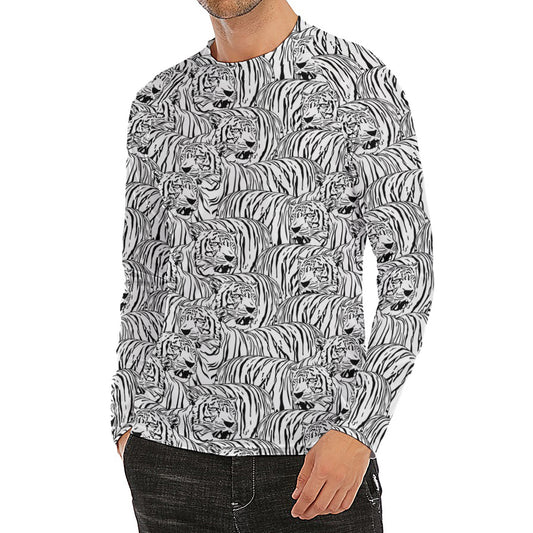 Black And White Tiger Pattern Print Men's Long Sleeve Rash Guard